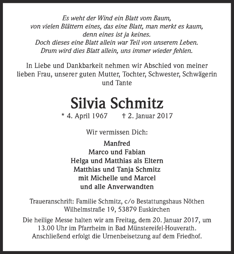  Traueranzeige für Silvia Schmitz vom 14.01.2017 aus  Blickpunkt Euskirchen 