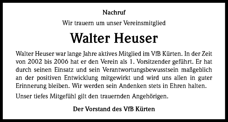  Traueranzeige für Walter Heuser vom 28.01.2017 aus Kölner Stadt-Anzeiger / Kölnische Rundschau / Express