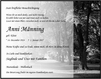Anzeige von Anni Männing von  Anzeigen Echo 