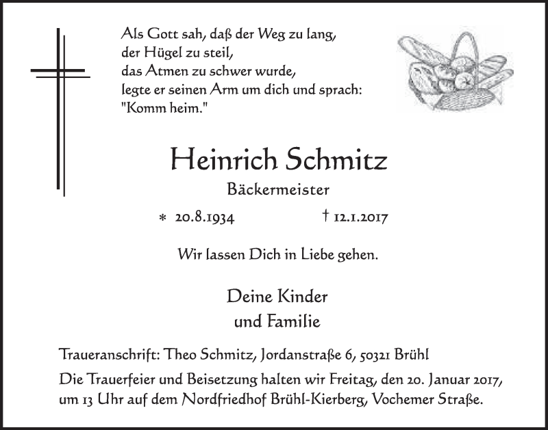  Traueranzeige für Heinrich Schmitz vom 18.01.2017 aus  Schlossbote/Werbekurier 