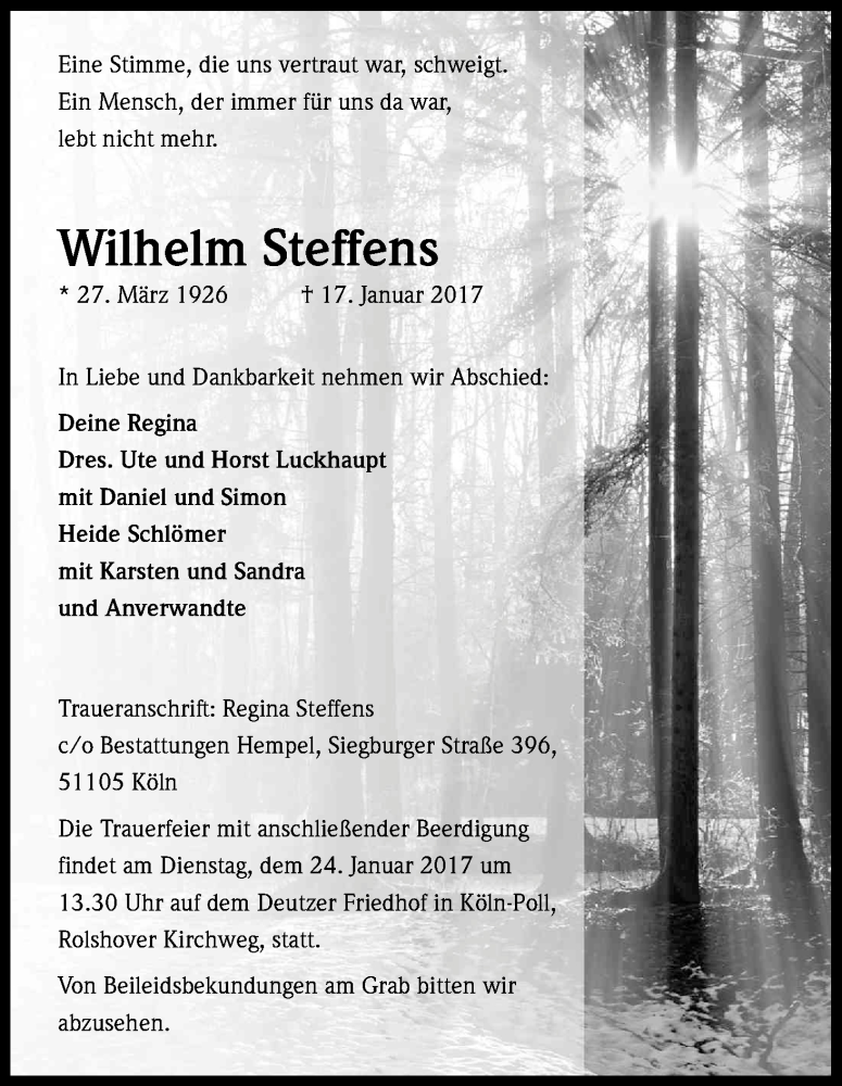  Traueranzeige für Wilhelm Steffens vom 21.01.2017 aus Kölner Stadt-Anzeiger / Kölnische Rundschau / Express