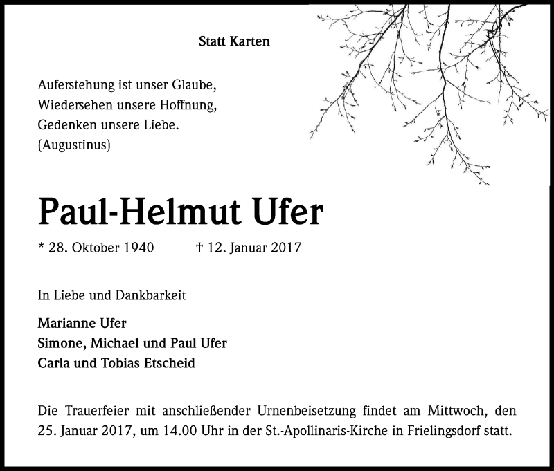  Traueranzeige für Paul-Helmut Ufer vom 21.01.2017 aus Kölner Stadt-Anzeiger / Kölnische Rundschau / Express