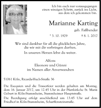 Anzeige von Marianne Karting von Kölner Stadt-Anzeiger / Kölnische Rundschau / Express