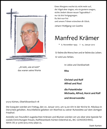 Anzeige von Manfred Krämer von Kölner Stadt-Anzeiger / Kölnische Rundschau / Express