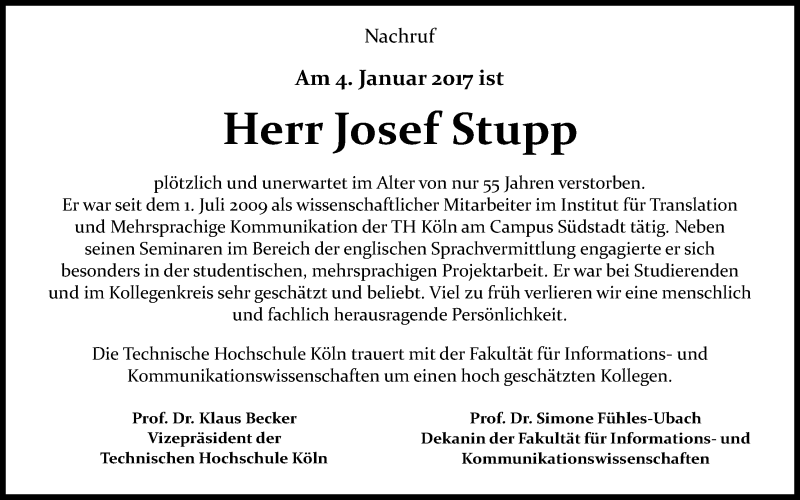  Traueranzeige für Josef Stupp vom 07.01.2017 aus Kölner Stadt-Anzeiger / Kölnische Rundschau / Express
