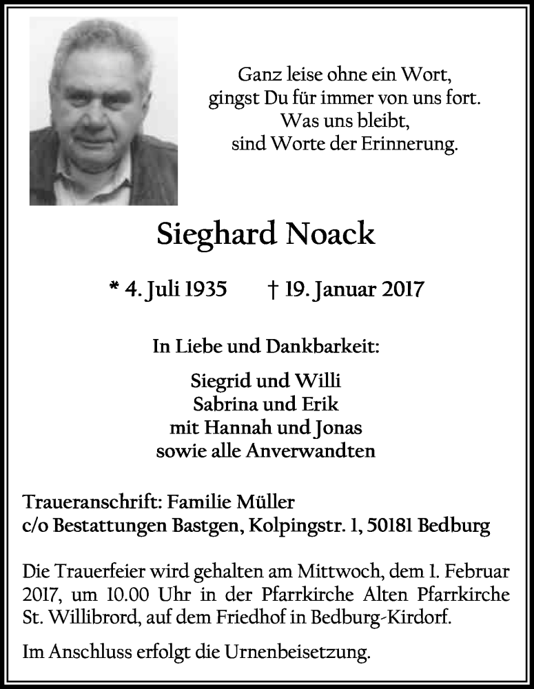  Traueranzeige für Sieghard Noack vom 31.01.2017 aus Kölner Stadt-Anzeiger / Kölnische Rundschau / Express