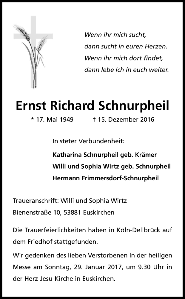  Traueranzeige für Ernst Richard Schnurpheil vom 28.01.2017 aus Kölner Stadt-Anzeiger / Kölnische Rundschau / Express