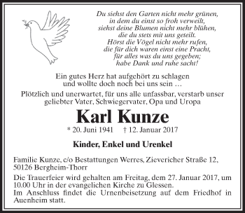 Anzeige von Karl Kunze von  Sonntags-Post 