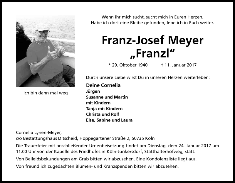  Traueranzeige für Franz-Josef Meyer vom 21.01.2017 aus Kölner Stadt-Anzeiger / Kölnische Rundschau / Express