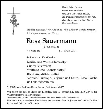 Anzeige von Rosa Sauermann von Kölner Stadt-Anzeiger / Kölnische Rundschau / Express