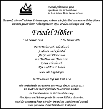 Anzeige von Friedel Höher von Kölner Stadt-Anzeiger / Kölnische Rundschau / Express