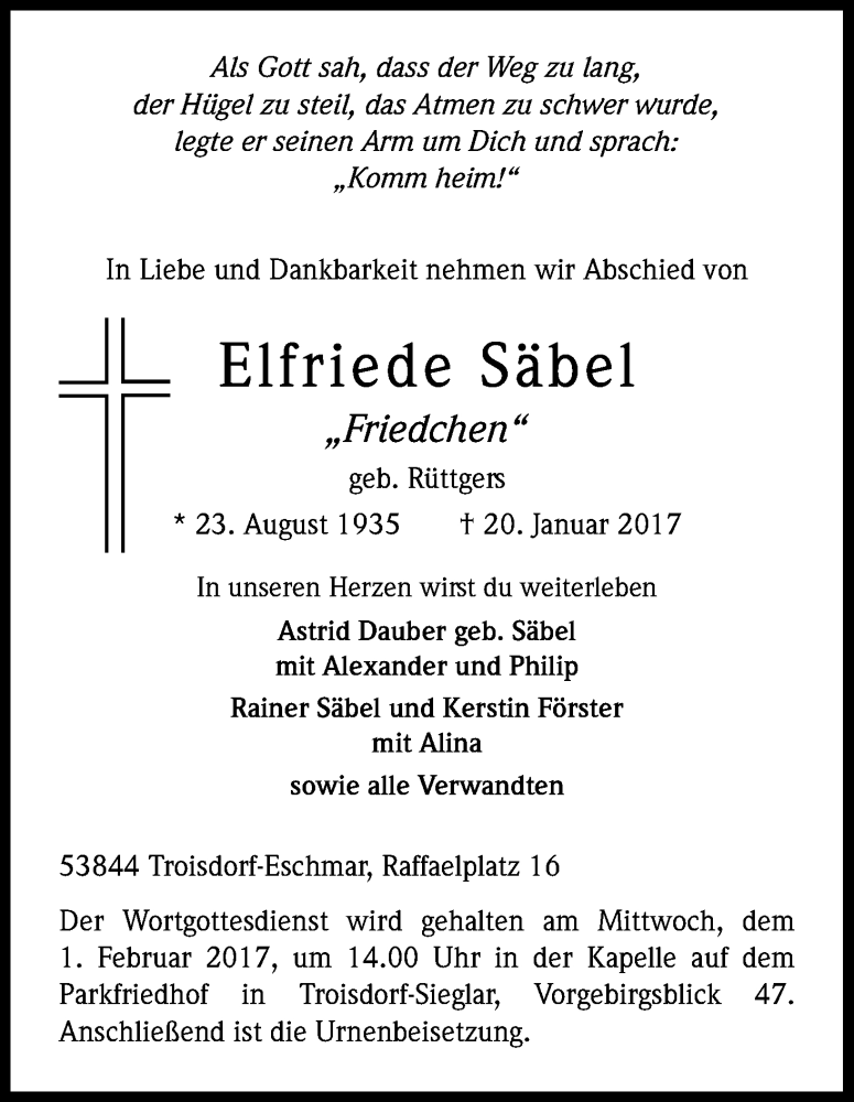  Traueranzeige für Elfriede Säbel vom 28.01.2017 aus Kölner Stadt-Anzeiger / Kölnische Rundschau / Express