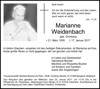 Anzeige von Marianne Weidenbach von Kölner Stadt-Anzeiger / Kölnische Rundschau / Express