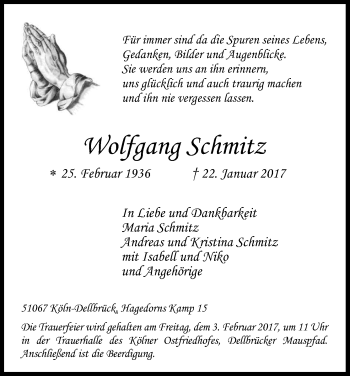 Anzeige von Wolfgang Schmitz von Kölner Stadt-Anzeiger / Kölnische Rundschau / Express