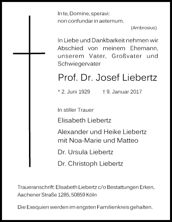 Anzeige von Josef Liebertz von Kölner Stadt-Anzeiger / Kölnische Rundschau / Express
