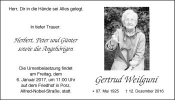 Anzeige von Gertrud Weilguni von  Kölner Wochenspiegel 