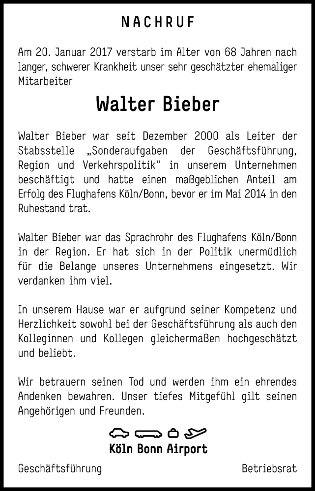  Traueranzeige für Walter Bieber vom 28.01.2017 aus Kölner Stadt-Anzeiger / Kölnische Rundschau / Express