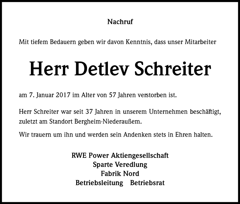  Traueranzeige für Detlev Schreiter vom 21.01.2017 aus Kölner Stadt-Anzeiger / Kölnische Rundschau / Express
