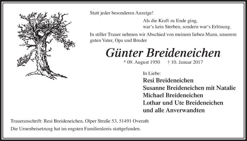  Traueranzeige für Günter Breideneichen vom 28.01.2017 aus  Bergisches Sonntagsblatt 