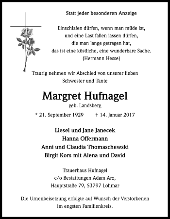 Anzeige von Margret Hufnagel von Kölner Stadt-Anzeiger / Kölnische Rundschau / Express