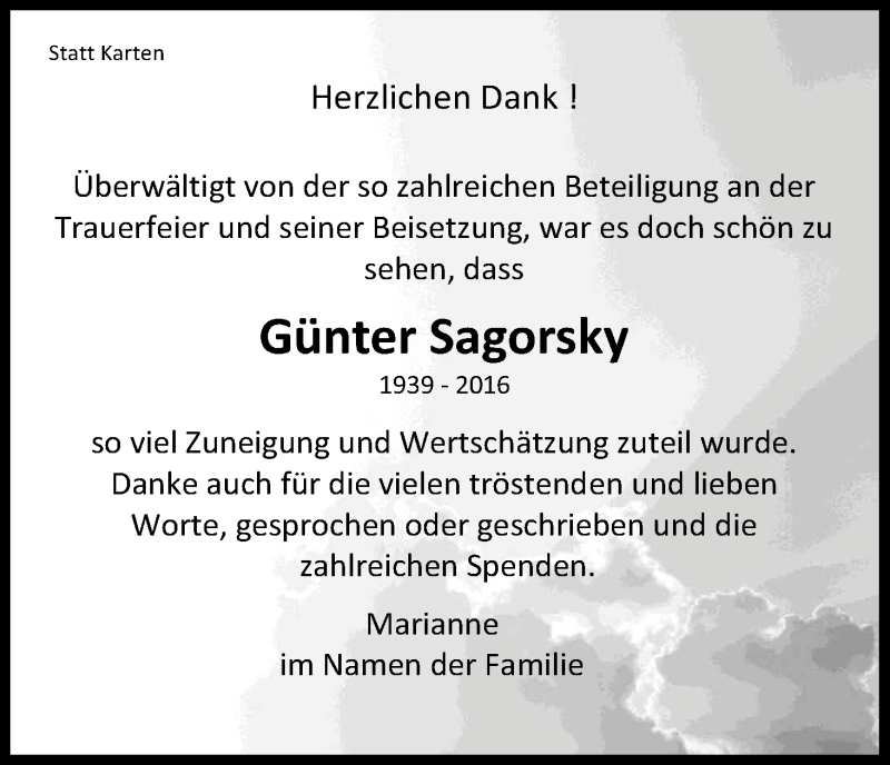  Traueranzeige für Günter Sagorsky vom 14.01.2017 aus Kölner Stadt-Anzeiger / Kölnische Rundschau / Express
