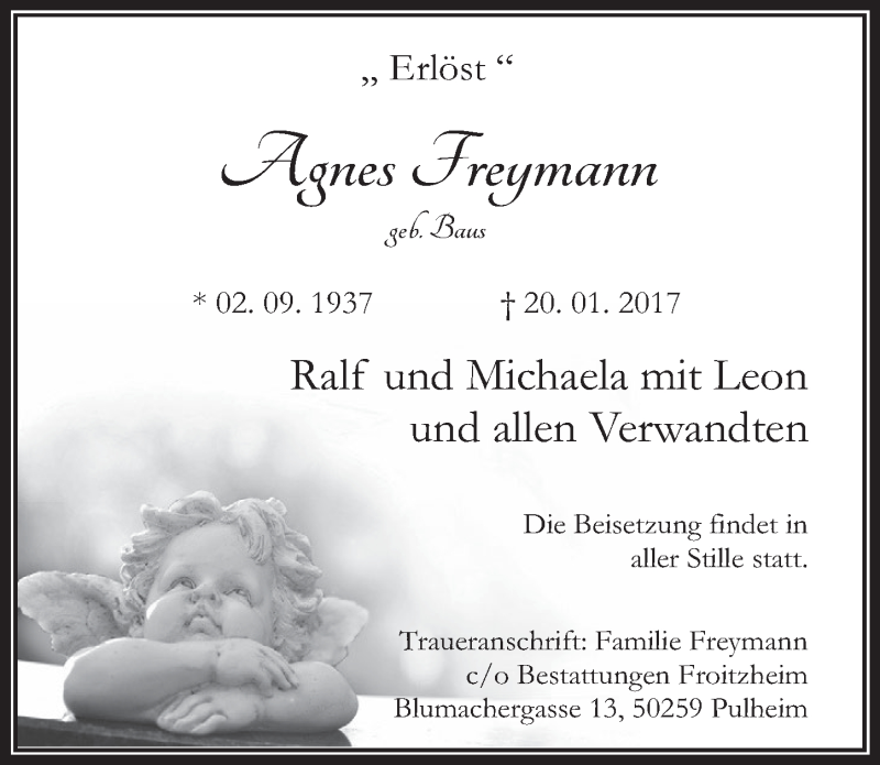  Traueranzeige für Agnes Freymann vom 25.01.2017 aus  Wochenende 
