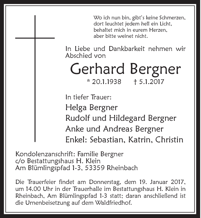  Traueranzeige für Gerhard Bergner vom 11.01.2017 aus  Schaufenster/Blickpunkt 