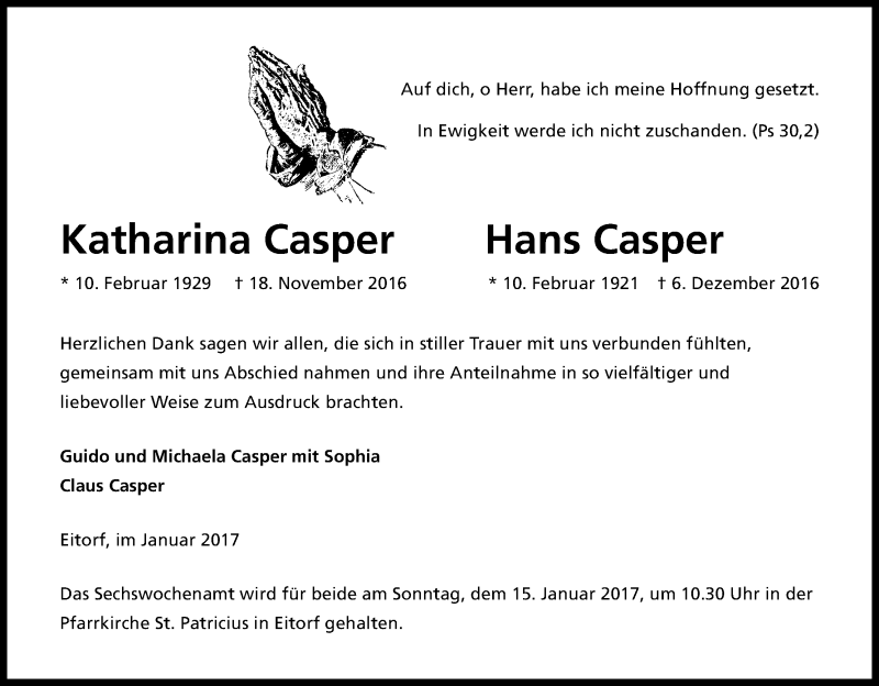 Traueranzeige für Katharina und Hans Casper vom 11.01.2017 aus Kölner Stadt-Anzeiger / Kölnische Rundschau / Express