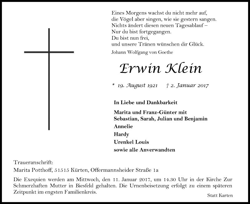  Traueranzeige für Erwin Klein vom 06.01.2017 aus Kölner Stadt-Anzeiger / Kölnische Rundschau / Express
