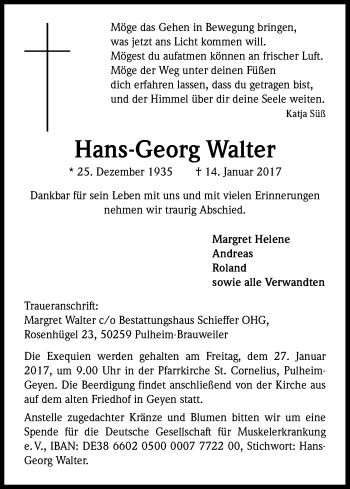 Anzeige von Hans-Georg Walter von Kölner Stadt-Anzeiger / Kölnische Rundschau / Express