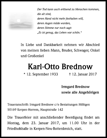 Anzeige von Karl-Otto Brednow von Kölner Stadt-Anzeiger / Kölnische Rundschau / Express