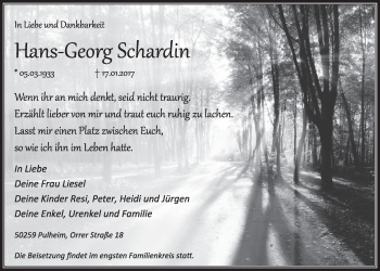 Anzeige von Hans-Georg Schardin von  Sonntags-Post 