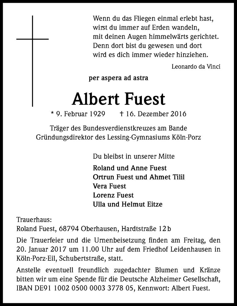  Traueranzeige für Albert Fuest vom 14.01.2017 aus Kölner Stadt-Anzeiger / Kölnische Rundschau / Express
