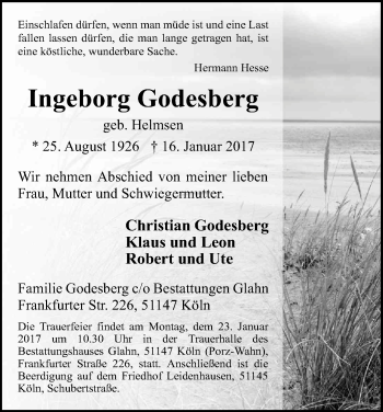 Anzeige von Ingeborg Godesberg von Kölner Stadt-Anzeiger / Kölnische Rundschau / Express