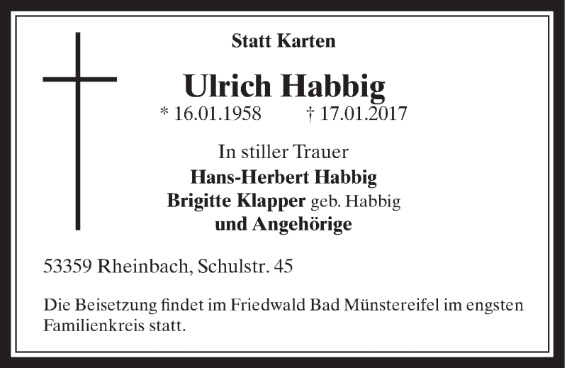  Traueranzeige für Ulrich Habbig vom 25.01.2017 aus  Schaufenster/Blickpunkt 