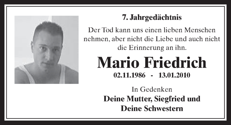  Traueranzeige für Mario Friedrich vom 14.01.2017 aus  Sonntags-Post 