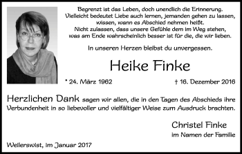 Anzeige von Heike Finke von Kölner Stadt-Anzeiger / Kölnische Rundschau / Express