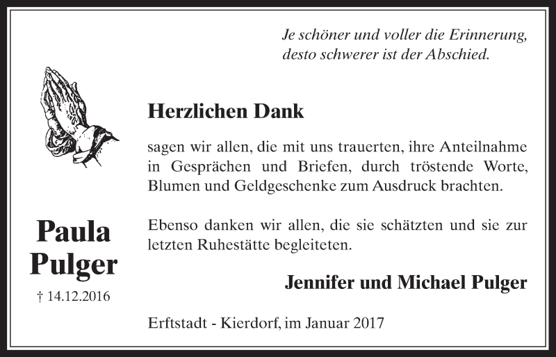  Traueranzeige für Paula Pulger vom 25.01.2017 aus  Werbepost 