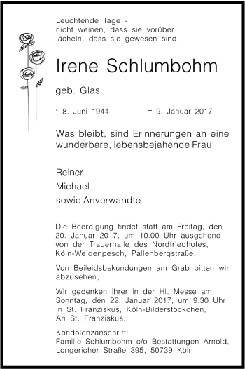 Anzeige von Irene Schlumbohm von Kölner Stadt-Anzeiger / Kölnische Rundschau / Express
