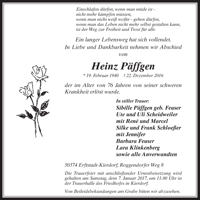  Traueranzeige für Heinz Päffgen vom 04.01.2017 aus  Werbepost 
