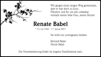 Anzeige von Renate Babel von Kölner Stadt-Anzeiger / Kölnische Rundschau / Express