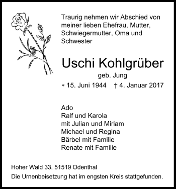 Anzeige von Ursula Kohlgrüber von Kölner Stadt-Anzeiger / Kölnische Rundschau / Express
