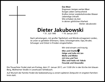 Anzeige von Dieter Jakubowski von Kölner Stadt-Anzeiger / Kölnische Rundschau / Express