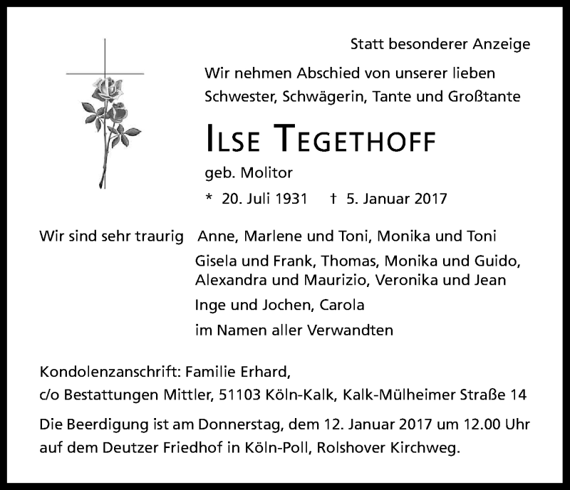  Traueranzeige für Ilse Tegethoff vom 10.01.2017 aus Kölner Stadt-Anzeiger / Kölnische Rundschau / Express