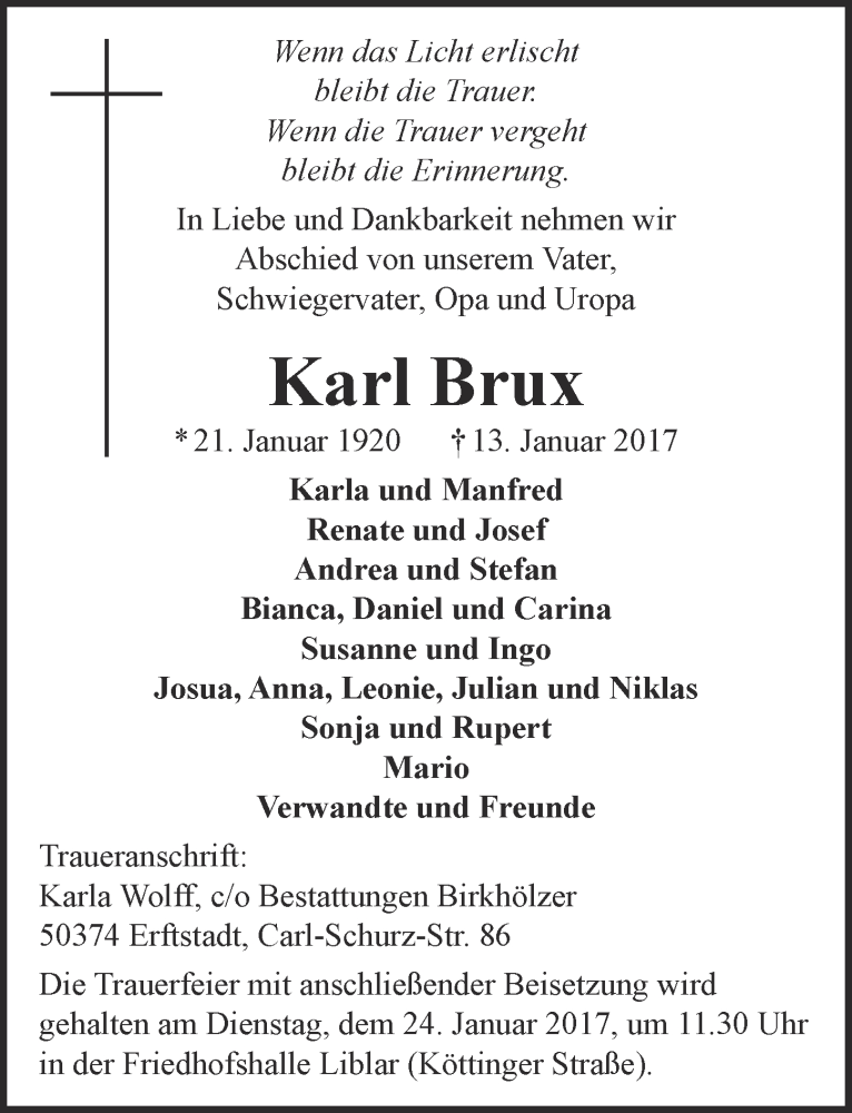  Traueranzeige für Karl Brux vom 21.01.2017 aus  Rhein-Sieg-Wochenende 