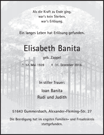 Anzeige von Elisabeth Banita von  Anzeigen Echo 