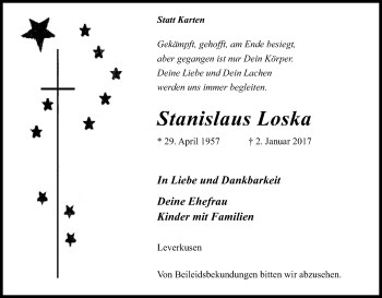 Anzeige von Stanislaus Loska von Kölner Stadt-Anzeiger / Kölnische Rundschau / Express