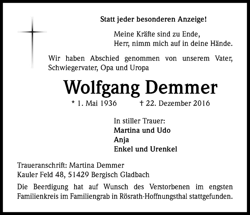  Traueranzeige für Wolfgang Demmer vom 25.01.2017 aus Kölner Stadt-Anzeiger / Kölnische Rundschau / Express