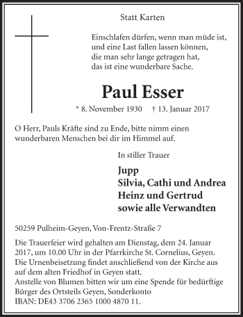 Anzeige von Paul Esser von  Sonntags-Post 