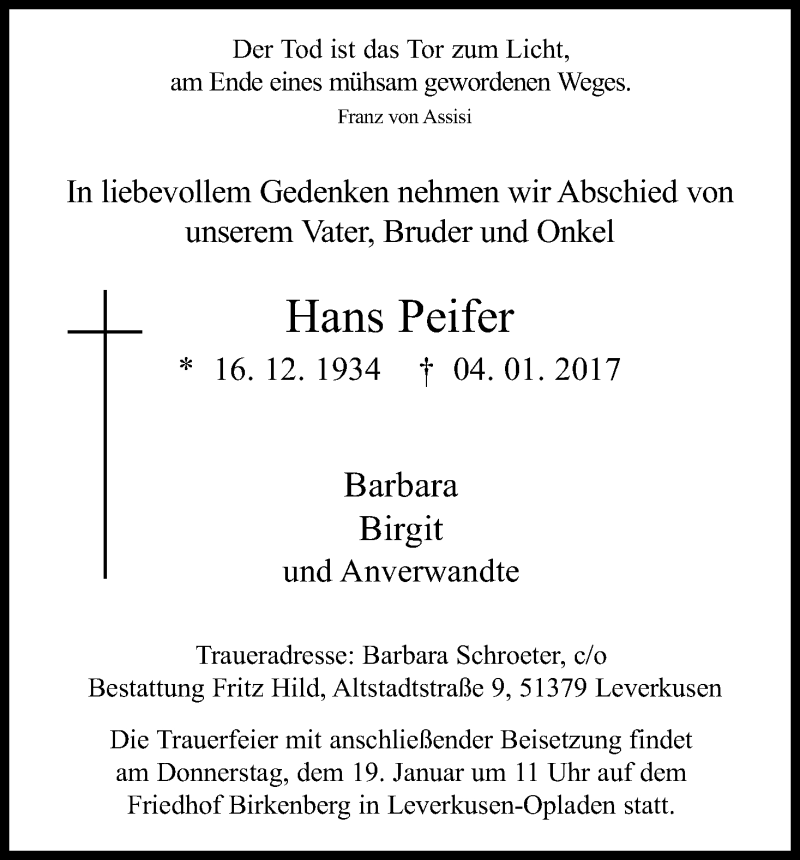  Traueranzeige für Hans Peifer vom 14.01.2017 aus Kölner Stadt-Anzeiger / Kölnische Rundschau / Express